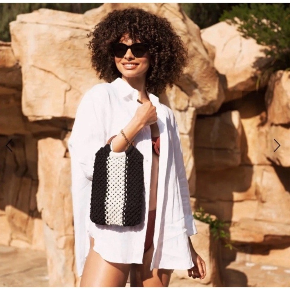 LAUDE THE LABEL Gabby Cotton‎ Macrame Bag Black & White Boho Coastal Resortwear